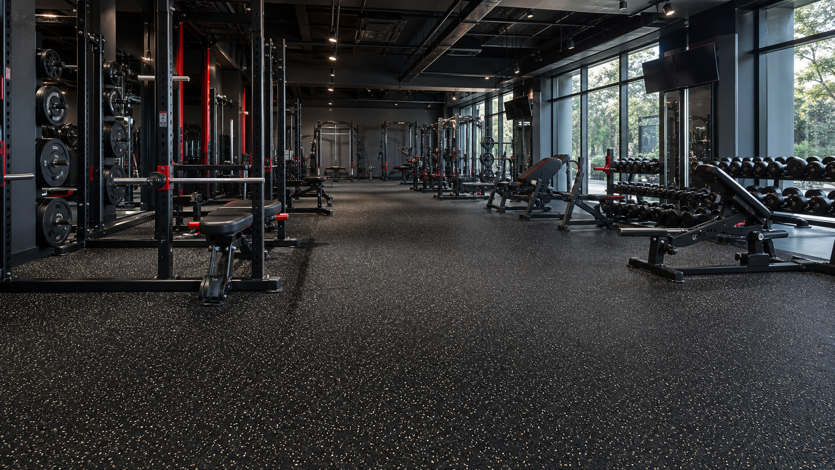 Commercial gym with black speckled rubber flooring